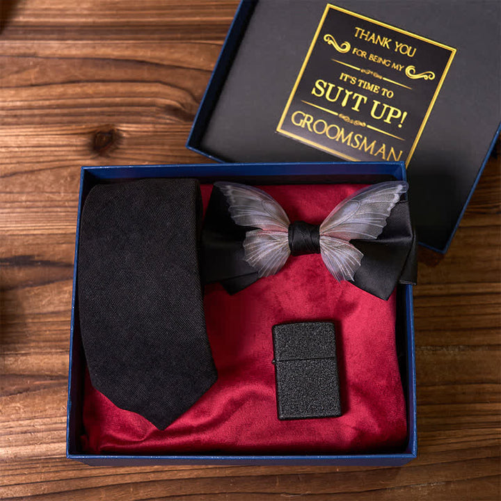 3Pcs Black Theme Necktie Butterfly Bow Tie Frosted Lighter Groomsmen Gift Box - image 2
