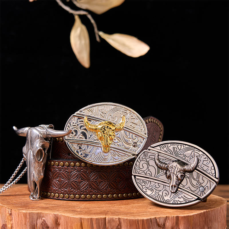 Double Bulls DIY Hidden Knife Belt Buckle With Longhorn Pendant Bundle Set - Gold & Silver Bulls - Brown Rivet Belt - 42 - image 0