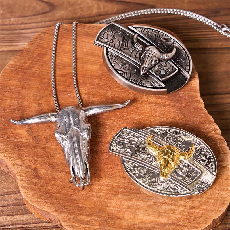 Double Bulls DIY Hidden Knife Belt Buckle With Longhorn Pendant Bundle Set - Gold & Silver Bulls - Without Belt - Not Include Belt - image 1