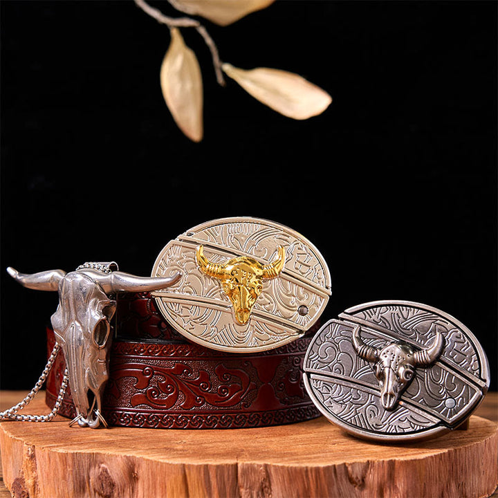 Double Bulls DIY Hidden Knife Belt Buckle With Longhorn Pendant Bundle Set - Gold & Silver Bulls - Brown Carved Belt - 42 - image 5