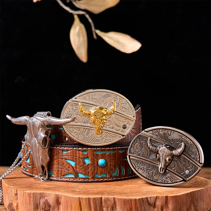 Double Bulls DIY Hidden Knife Belt Buckle With Longhorn Pendant Bundle Set - Gold & Silver Bulls - Turquoise Carved Belt - 42 - image 3