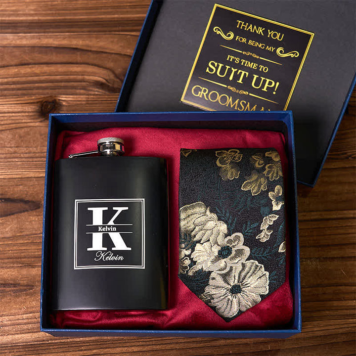 4Pcs Necktie Cuffinks Socks Suit Set Customizable Flask Groomsmen Gift Box - image 2