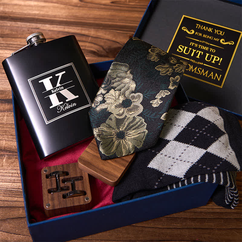 4Pcs Necktie Cuffinks Socks Suit Set Customizable Flask Groomsmen Gift Box - image 1