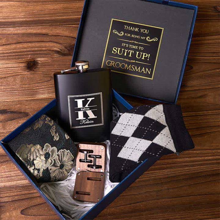 4Pcs Necktie Cuffinks Socks Suit Set Customizable Flask Groomsmen Gift Box - Bundle Set - image 0
