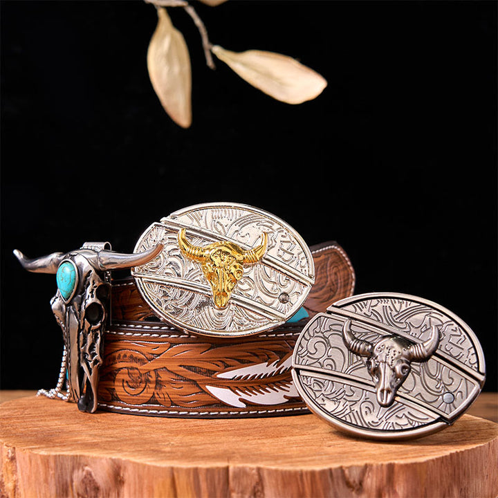 Gold Silver Bull DIY Knife Belt Buckle With Turquoise Longhorn Pendant Bundle Set - Gold & Silver Bulls - Brown Feather Belt - 40 - image 6