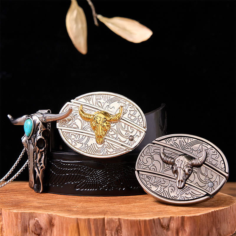Gold Silver Bull DIY Knife Belt Buckle With Turquoise Longhorn Pendant Bundle Set - Gold & Silver Bulls - Black Embossed Eagle Belt - 42 - image 2