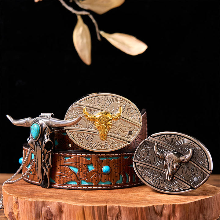 Gold Silver Bull DIY Knife Belt Buckle With Turquoise Longhorn Pendant Bundle Set - Gold & Silver Bulls - Turquoise Carved Belt - 42 - image 3