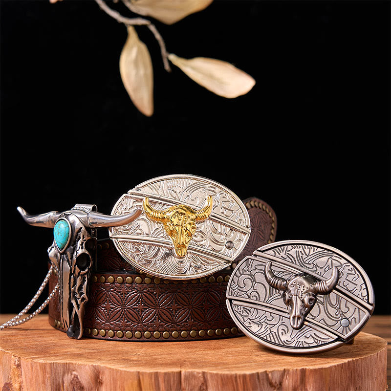 Gold Silver Bull DIY Knife Belt Buckle With Turquoise Longhorn Pendant Bundle Set - Gold & Silver Bulls - Brown Rivet Belt - 42 - image 0