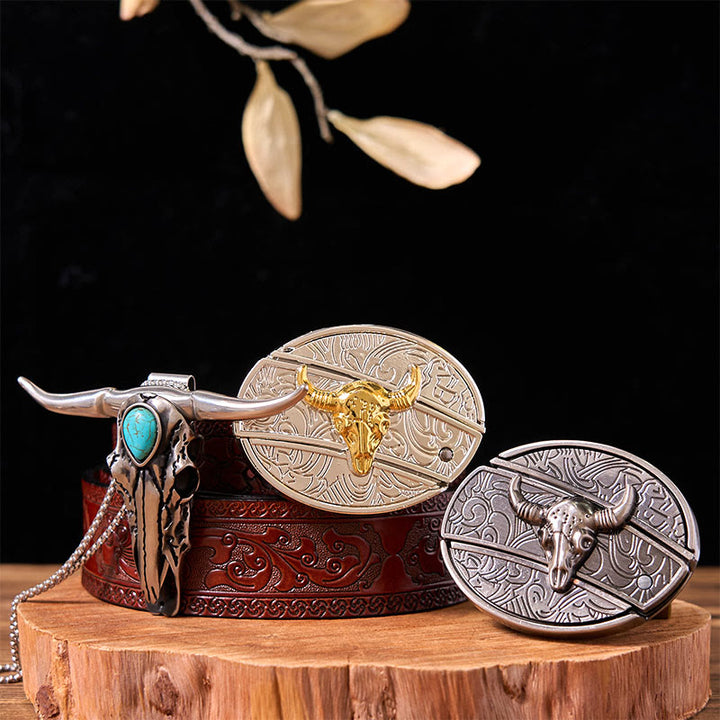 Gold Silver Bull DIY Knife Belt Buckle With Turquoise Longhorn Pendant Bundle Set - Gold & Silver Bulls - Brown Carved Belt - 42 - image 5
