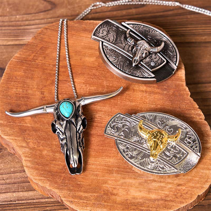 Gold Silver Bull DIY Knife Belt Buckle With Turquoise Longhorn Pendant Bundle Set - Gold & Silver Bulls - Without Belt - Not Include Belt - image 1