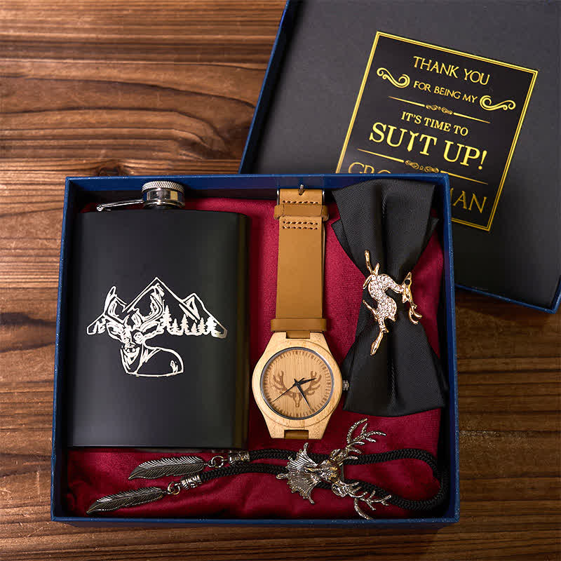 4Pcs Deer Theme Black Bow Tie Flask Bolo Tie Wooden Watch Groomsmen Gift Box - image 2