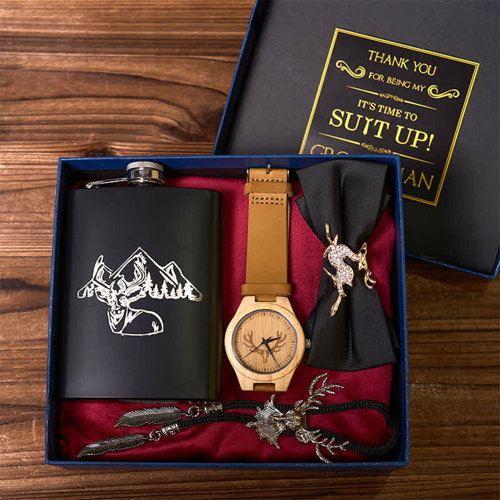 4Pcs Deer Theme Black Bow Tie Flask Bolo Tie Wooden Watch Groomsmen Gift Box - image 2