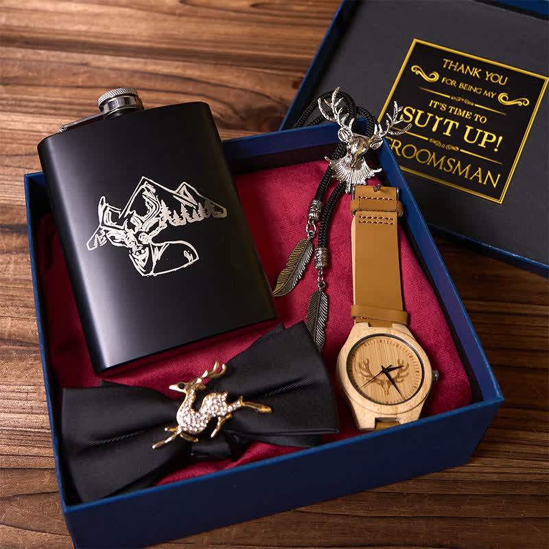 4Pcs Deer Theme Black Bow Tie Flask Bolo Tie Wooden Watch Groomsmen Gift Box - image 1