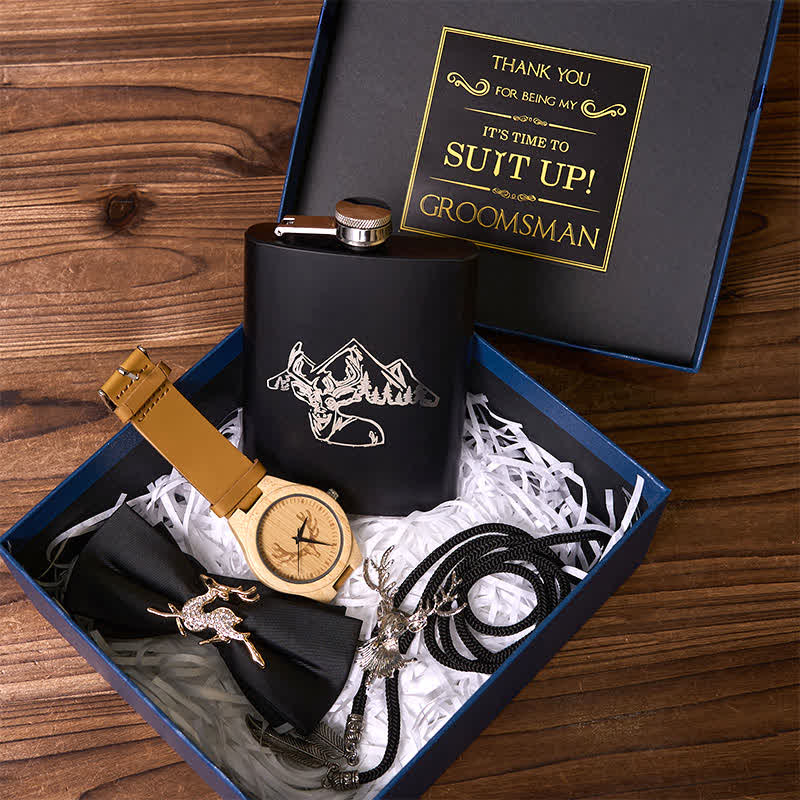 4Pcs Deer Theme Black Bow Tie Flask Bolo Tie Wooden Watch Groomsmen Gift Box - Bundle Set - image 0