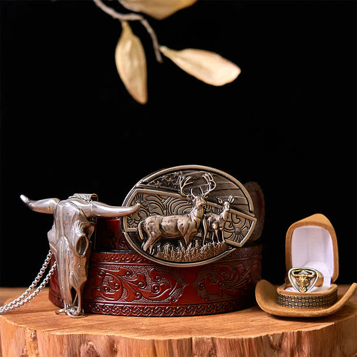 Deer DIY Hidden Knife Belt Buckle Longhorn Pendant Bull Ring Bundle Set  - Bundle Set - Brown Carved Belt - 42 - image 12