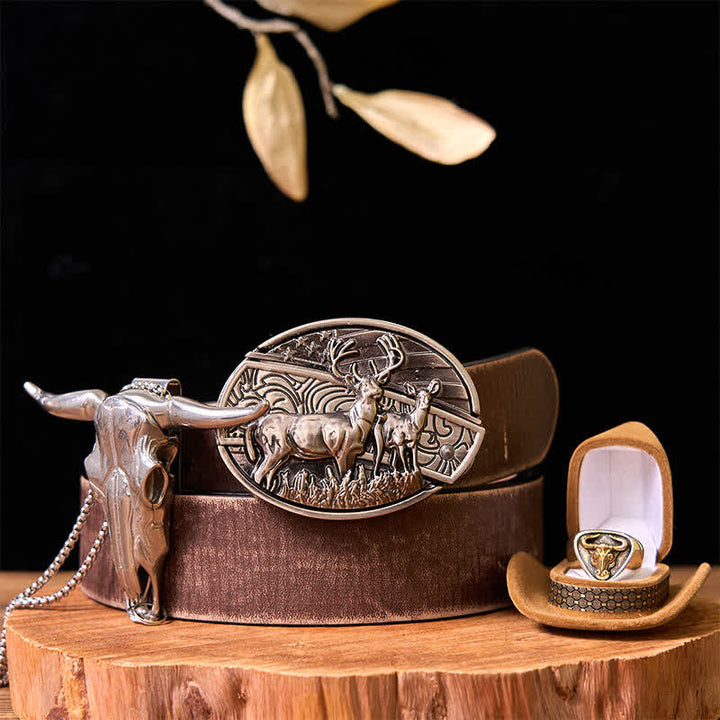 Deer DIY Hidden Knife Belt Buckle Longhorn Pendant Bull Ring Bundle Set  - Bundle Set - Brown Distressed Belt - 42 - image 0
