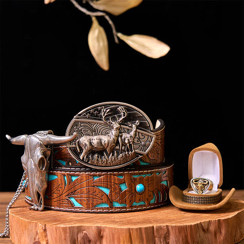 Deer DIY Hidden Knife Belt Buckle Longhorn Pendant Bull Ring Bundle Set  - Bundle Set - Turquoise Carved Belt - 42 - image 10