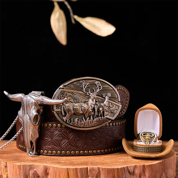 Deer DIY Hidden Knife Belt Buckle Longhorn Pendant Bull Ring Bundle Set  - Bundle Set - Brown Rivet Belt - 42 - image 11