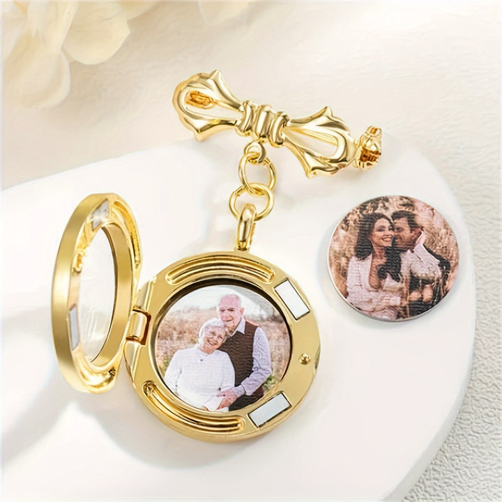 Custom Your Photo Bow Brooch Memorial Metal Brooch - Gold - image 0