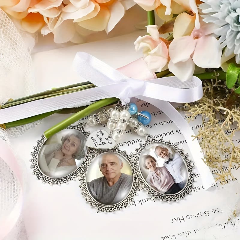 Custom Photo And Text Keychain Wedding Bouquet Pendant - image 0