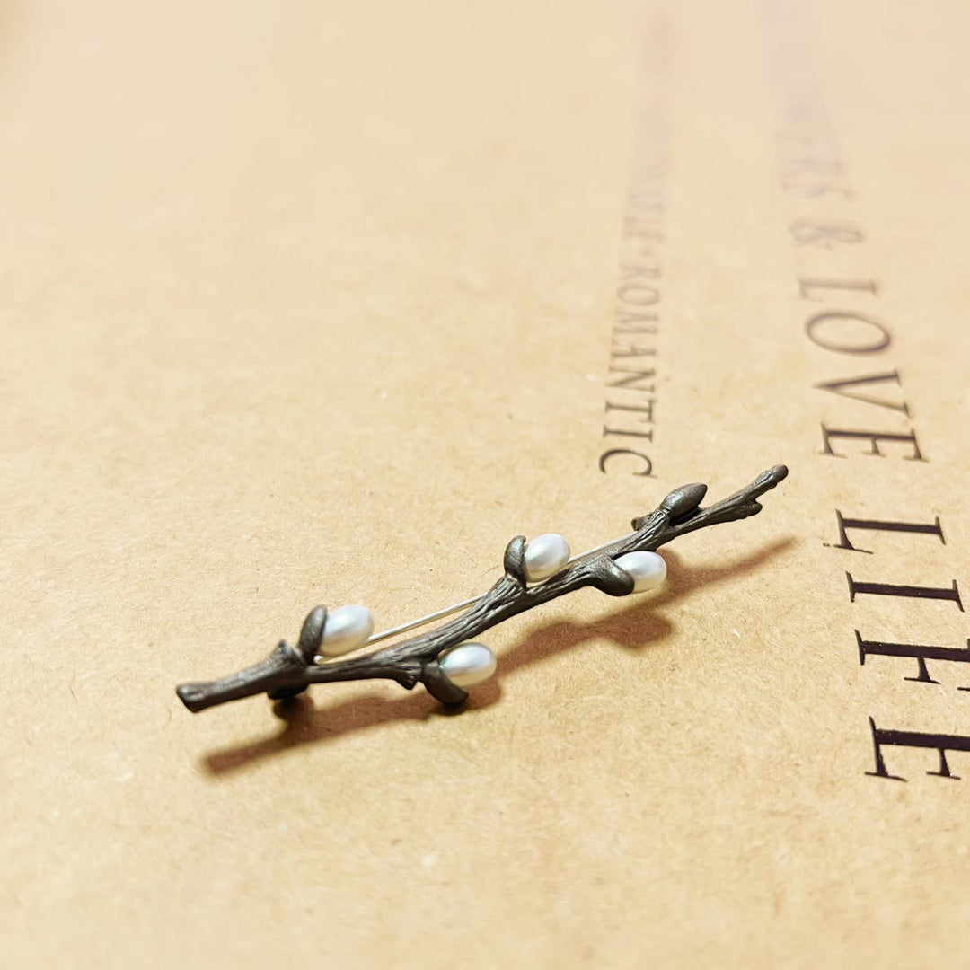 Vintage Branch Brooch Wood Pearl Alloy Pin - image 4
