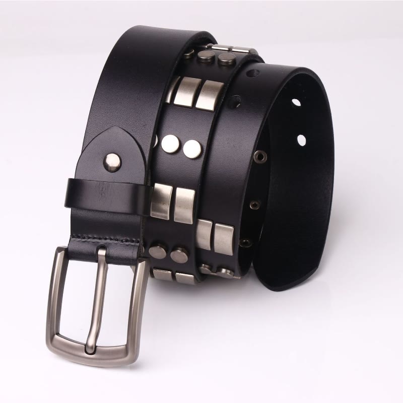 Genuine Leather Waistband For Men Punk Rivet Belt - Black - 44 - image 2