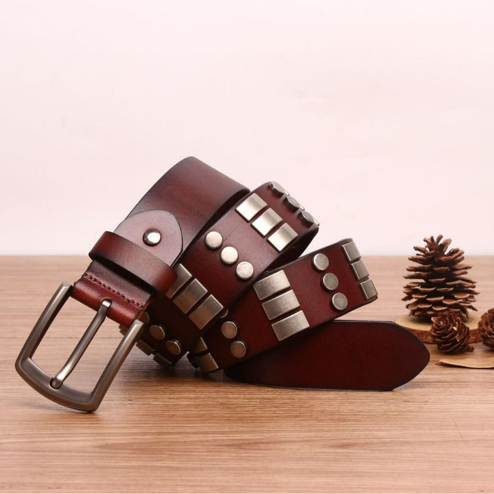 Genuine Leather Waistband For Men Punk Rivet Belt - Coffee - 44 - image 0