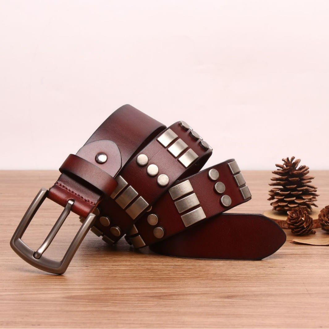 Genuine Leather Waistband For Men Punk Rivet Belt - Coffee - 44 - image 0