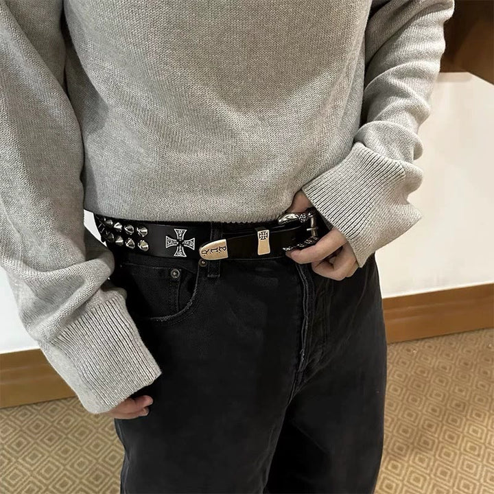 Easter Cross Pattern Belt Punk Rivet Leather Waistband - image 1
