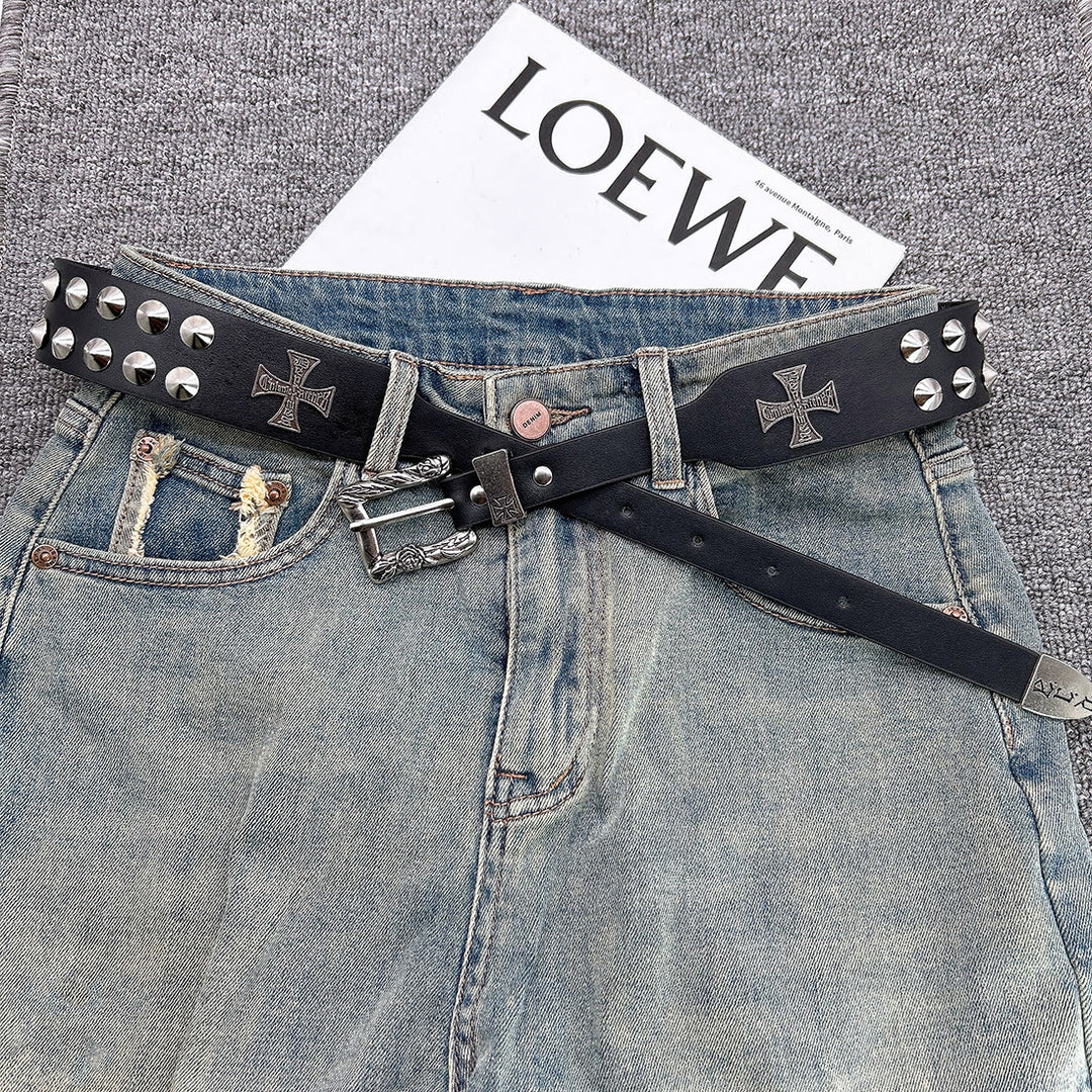 Easter Cross Pattern Belt Punk Rivet Leather Waistband - image 4