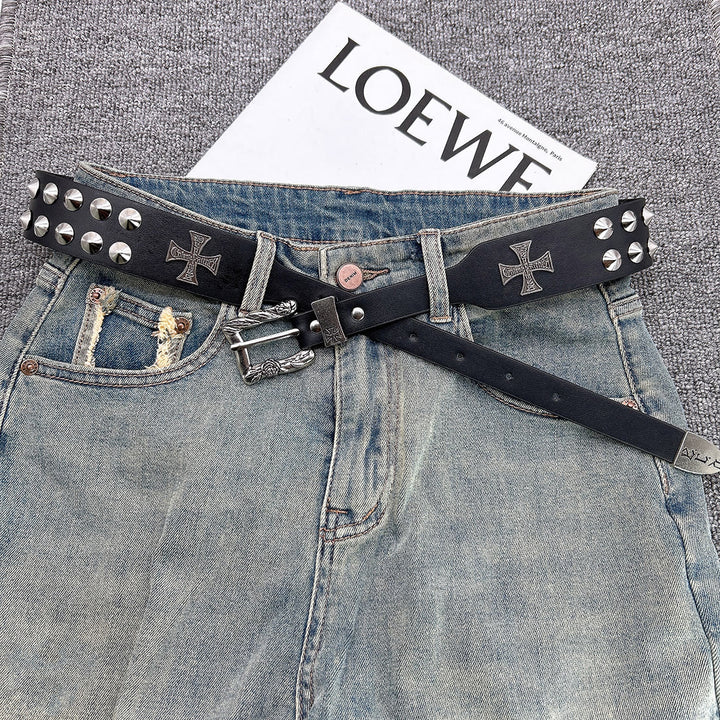 Easter Cross Pattern Belt Punk Rivet Leather Waistband - image 4