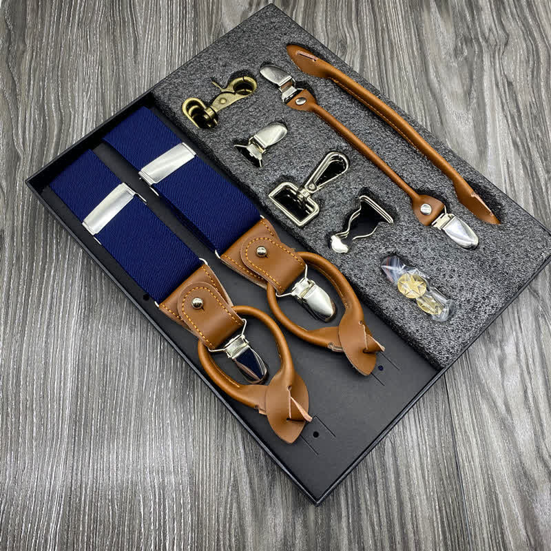 8Pcs Solid Color Combinable Buckle Adjustable Suspenders Set - Navy - image 12