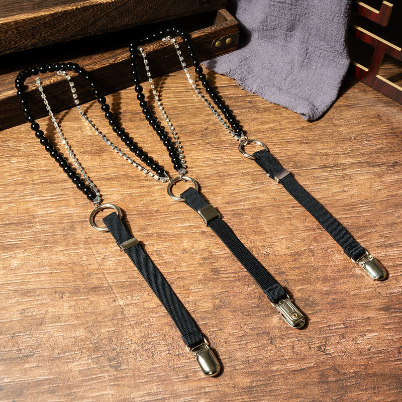 Women's Fashion Black Faux Pearl Chain Elastic Suspenders - Black - image 0
