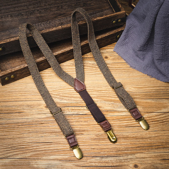 Kid's British Style Vintage Herringbone Plaid Elastic Suspenders - Yellowish-Brown - image 2