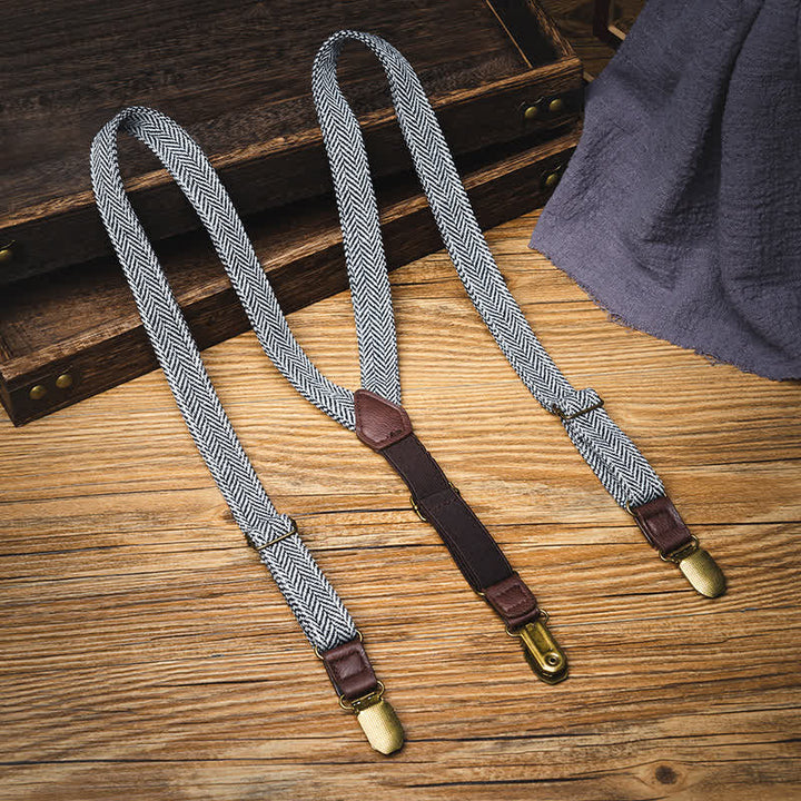 Kid's British Style Vintage Herringbone Plaid Elastic Suspenders - Gray - image 3
