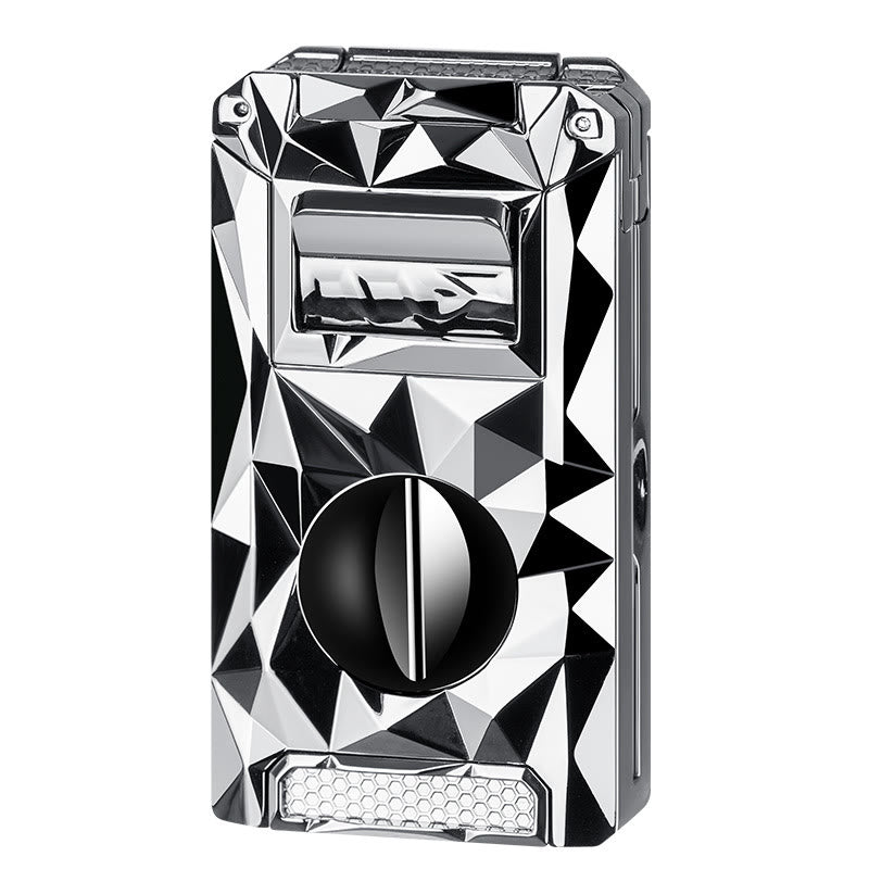 5 in 1 Multifunctional Cigar Cutter Tools Diamond Refillable Butane Lighter  - Silver Ice - image 1