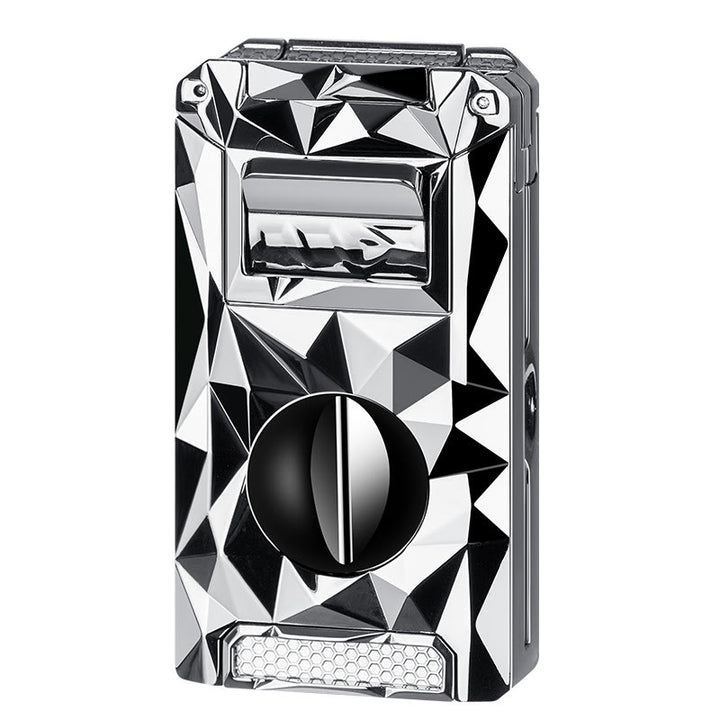 5 in 1 Multifunctional Cigar Cutter Tools Diamond Refillable Butane Lighter  - Silver Ice - image 1