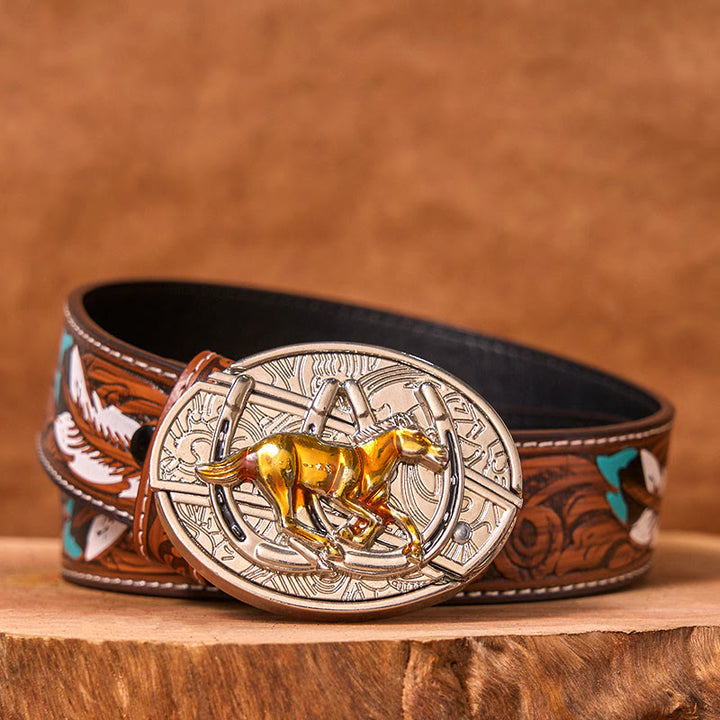 U Shaped Horse DIY Hidden Knife Western Buckle Leather Belt  - Brown Feather Belt - 40 - image 8