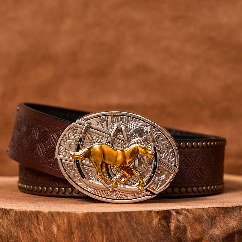 U Shaped Horse DIY Hidden Knife Western Buckle Leather Belt  - Brown Rivet Belt - 42 - image 5