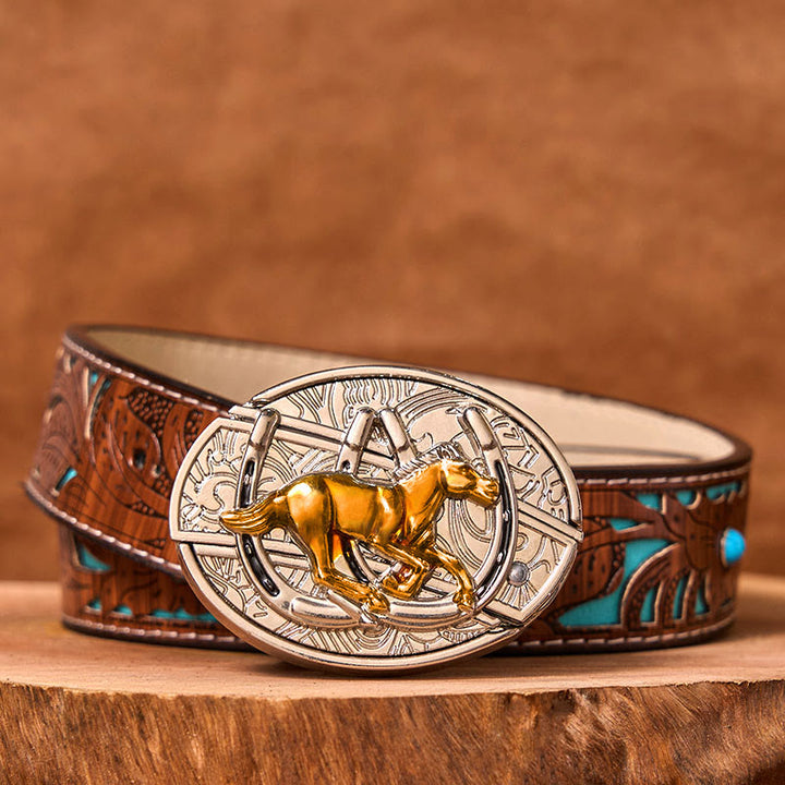U Shaped Horse DIY Hidden Knife Western Buckle Leather Belt  - Turquoise Carved Belt - 42 - image 4