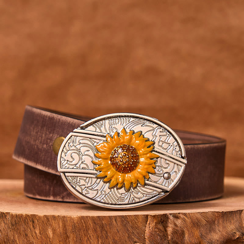 Men's Colorful Sunflower DIY Hidden Knife Western Buckle Leather Belt (Pre-Sale) - Brown Distressed Belt - 42 - image 6