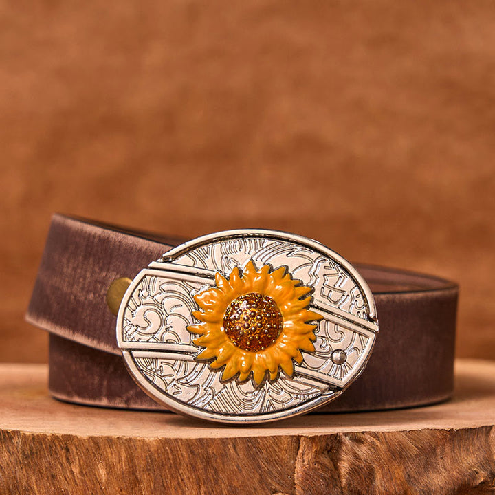 Men's Colorful Sunflower DIY Hidden Knife Western Buckle Leather Belt (Pre-Sale) - Brown Distressed Belt - 42 - image 6