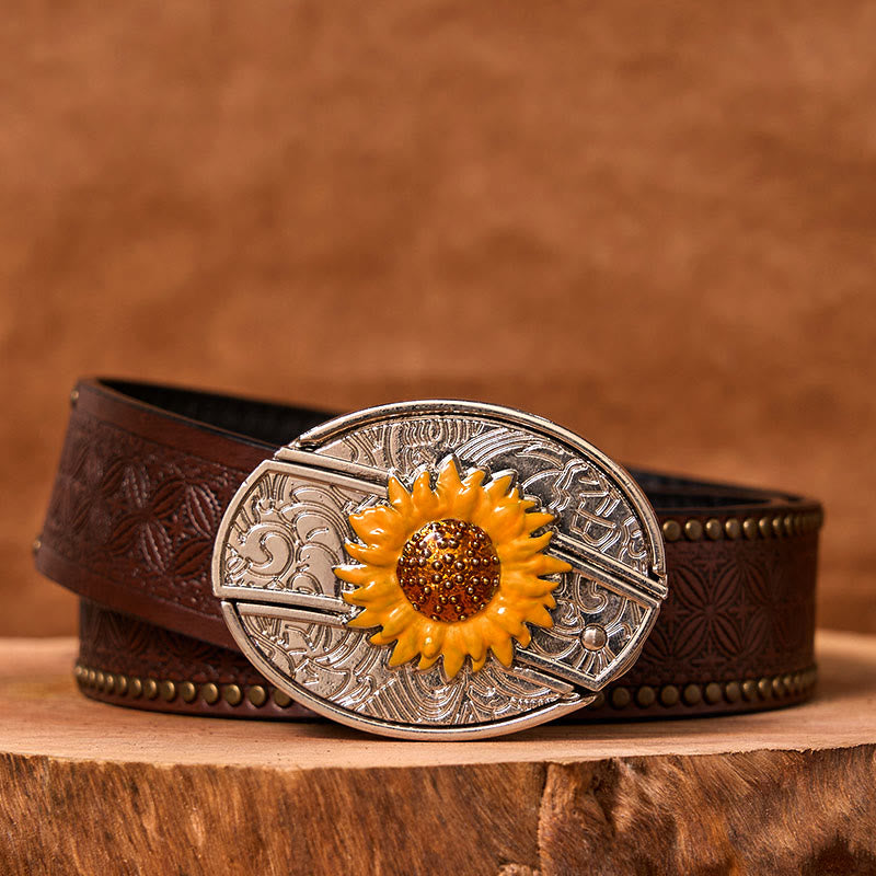 Men's Colorful Sunflower DIY Hidden Knife Western Buckle Leather Belt (Pre-Sale) - Brown Rivet Belt - 42 - image 5