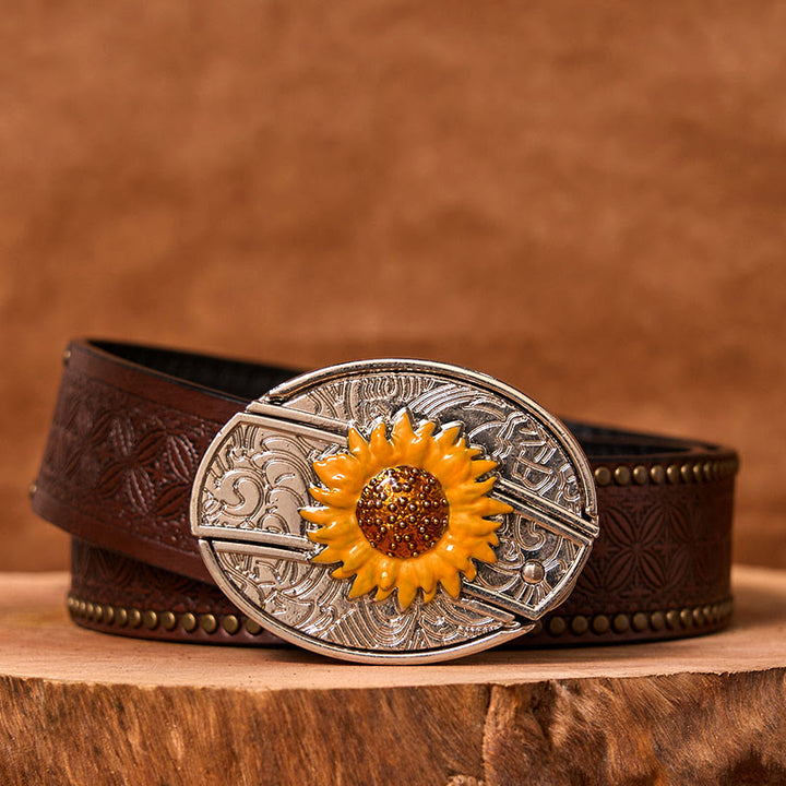 Men's Colorful Sunflower DIY Hidden Knife Western Buckle Leather Belt (Pre-Sale) - Brown Rivet Belt - 42 - image 5