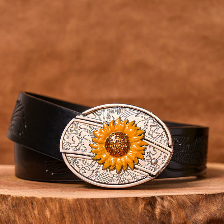 Men's Colorful Sunflower DIY Hidden Knife Western Buckle Leather Belt (Pre-Sale) - Black Embossed Eagle Belt - 42 - image 3