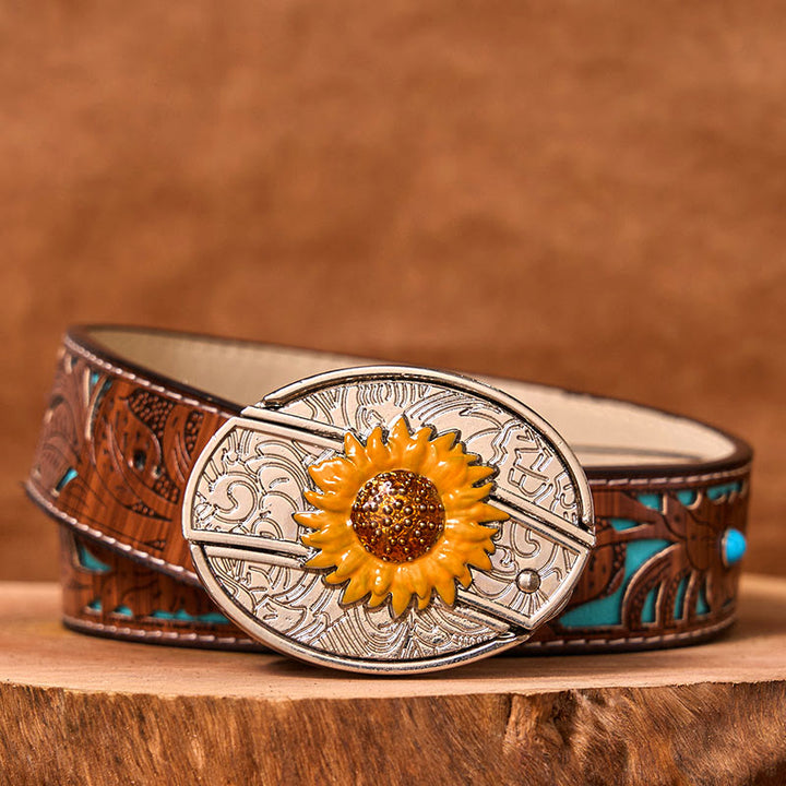 Men's Colorful Sunflower DIY Hidden Knife Western Buckle Leather Belt (Pre-Sale) - Turquoise Carved Belt - 42 - image 4