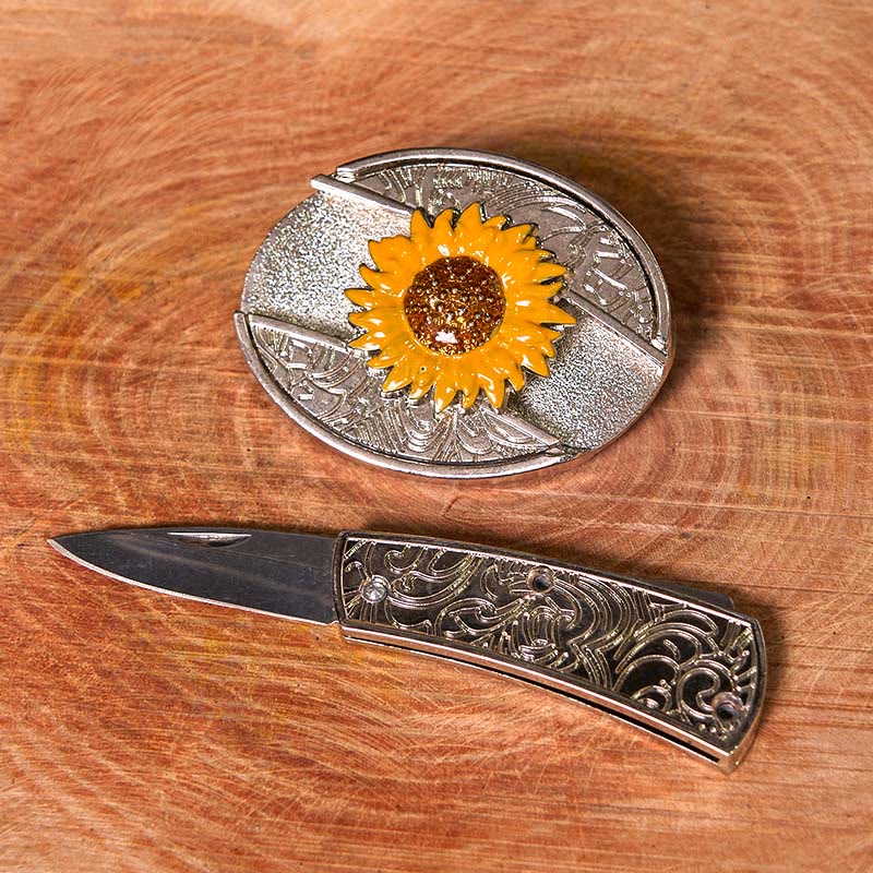 Men's Colorful Sunflower DIY Hidden Knife Western Buckle Leather Belt (Pre-Sale) - image 2