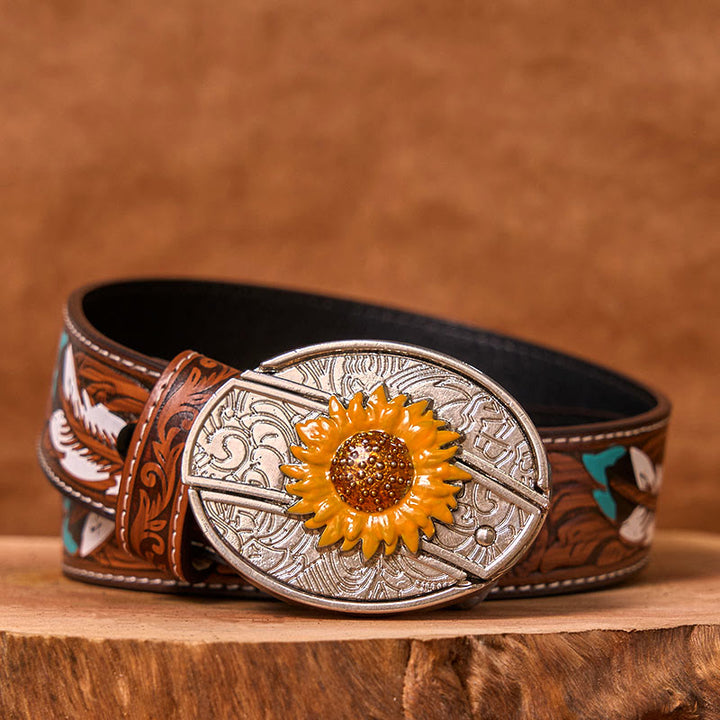 Men's Colorful Sunflower DIY Hidden Knife Western Buckle Leather Belt (Pre-Sale) - Brown Feather Belt - 40 - image 8
