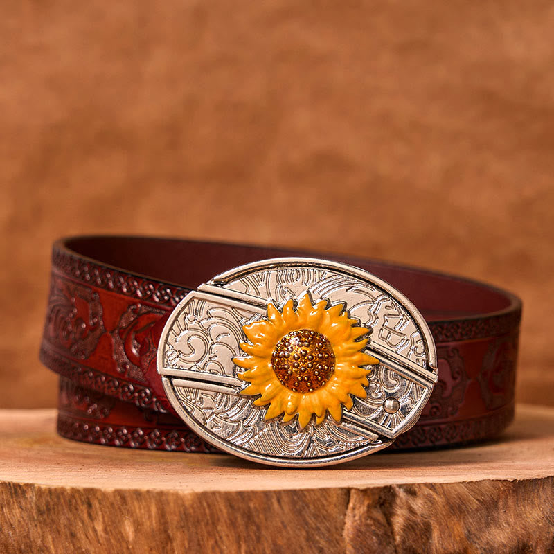 Men's Colorful Sunflower DIY Hidden Knife Western Buckle Leather Belt (Pre-Sale) - Brown Carved Belt - 42 - image 7