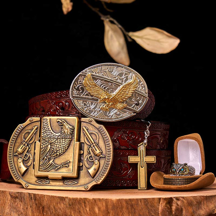 Flying Eagle DIY Hidden Knife Belt Buckle With Owl Ring Bundle Set - Flying Eagle - Brown Carved Belt - 42 - image 7